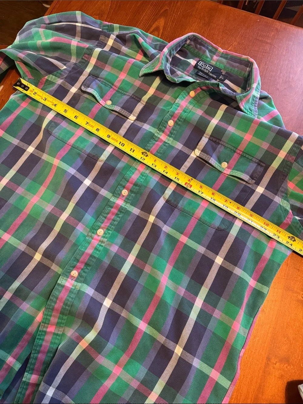 Men’s Vintage POLO Ralph Lauren Preppy Green Blue Pink Button Up Flannel Shirt L